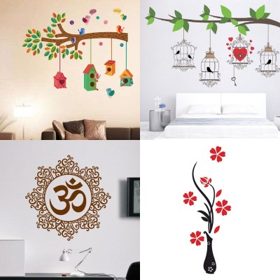 EJAart 45 cm Bird House Branch+Birdcase Key+Designer Om+Flower Vase Red Self Adhesive Sticker(Pack of 4)