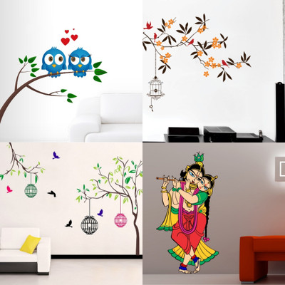 APTIO 45 cm Bird in love beautiful tree with flower free bird case Color radhe krishna Self Adhesive Sticker(Pack of 4)
