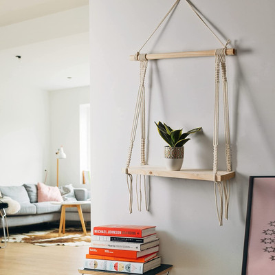 RAGHWANI Macrame Wall Hanging Shelf Wood Floating Boho Shelves with Wooden Dowel(White)
