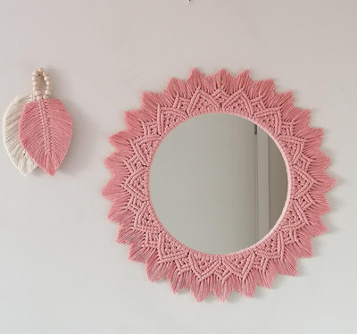 TIMJO Macrame Wall DÉCOR Mirror Hanging for Bedroom,Living Room(MADE IN INDIA)(40 cm X 40 cm, Pink)