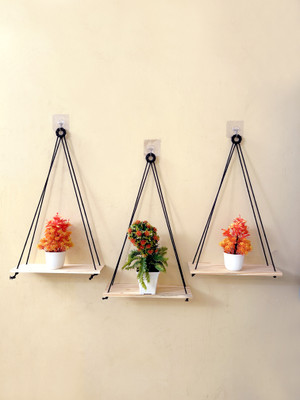 Fashionhub Macrame Wall Hanging 3 Tier Floating Shelves Natural Pine with Wooden Ring(50 cm X 30 cm, Black)