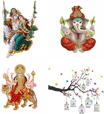 APTIO 45 cm Wall Sticker Radhamadhav & Branches Flowers & BirdCages Sherawali Maa Ekdant Self Adhesive Sticker(Pack of 4)