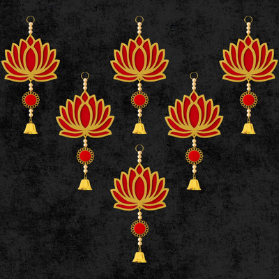 Panchhi store Wall Hangings for Home Decoration Lotus with Bells Diwali, Ganpati Decoration Pack of 6(Red)