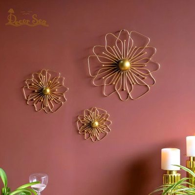 decor sea gold flowers metal wall decor for living room Hotel Decoration Item Pack of 3(Gold)