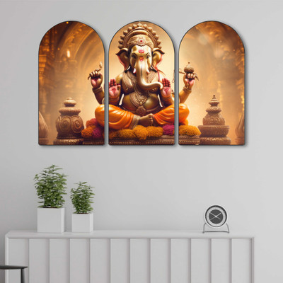 saf Lord Ganesha Wall Decor 3 Panel Set | Golden Divine Ganpati Art on MDF Digital Reprint 30 inch x 50 inch Painting(With Frame, Pack of 3)