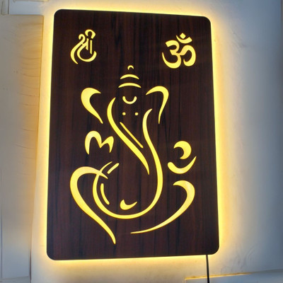 Simko Spiritual Ganesh Ji Backlit Wooden Wall Art for Living Room & Pooja Room(18 inch X 12 inch, Walnut)