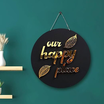PreBuy Wall Decor Black & Gold-Toned Our Happy Place Wall Sign MDF for Home Decoration(25 cm X 1 cm, Black)