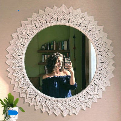 RAKANO Macrame Hanging Wall Mirror with Macrame Round Mirror Art Boho Decor(40 cm X 40 cm, OFF WHITE)