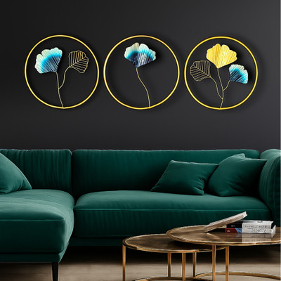 Brovion Art Brovion™ Metal Wall Decor for Living Room – Circlular Frame Flower & Leaf Design Pack of 3(16 inch X 16 inch, Royal Gold, Rich Blue)