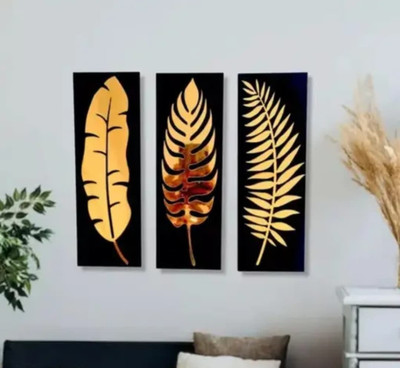 Shivucrafts Set of 3Origins GOLDEN LEAF WALL ART for Home, Bedroom,Living Room(Gold)