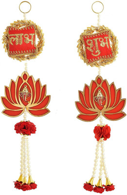Hastshilip Shubh Labh Lotus Door Hanging with Pearl Strings, 14 inch, Red and Gold Pack of 2(Red)