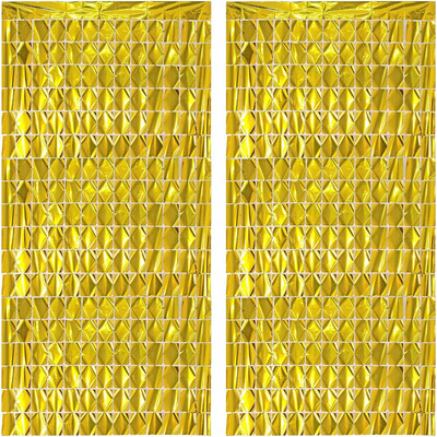 Urvi USUG_Square Foil Fringe pack of 4 Curtains for Decorations - Golden, 3 X 6 feet Pack of 4(72 inch X 36 inch, Golden)