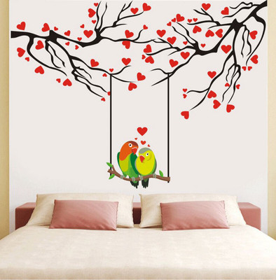 WALMORA 120 cm Love - Birds - Branch - Heart - Parrot - Decor - Wall sticker - WM100 Self Adhesive Sticker(Pack of 1)