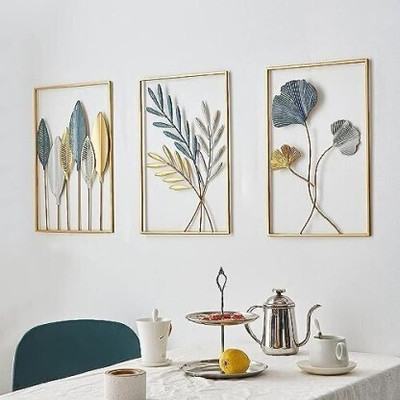 FNF Creation Gold Metal Wall Decor Leaf Wall Hanging Decoration | Metal Wall Art Home Decor Pack of 3(Gold)