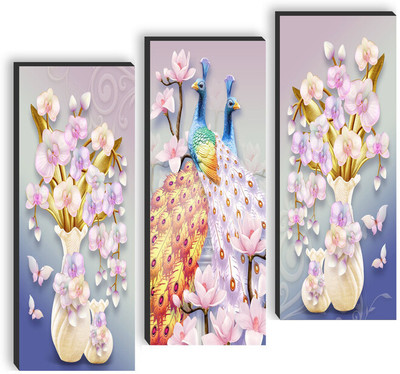 saf Set of 3 Peacock And Flower Pot UV textured self adeshive wall painting Pack of 3(Multicolor)