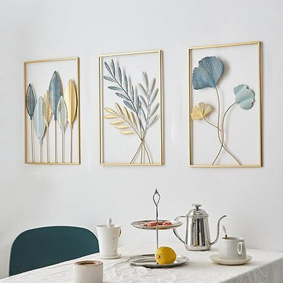 Zanaat Gold Metal Wall Decor Leaf Set Wall Hanging Decoration (17x11) INCHES Pack of 3(Multicolor)