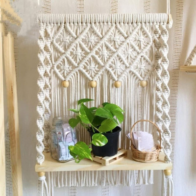 ZAWI Macramé Wooden Wall Hanging Shelf Modern Chic Woven Macrame Tapestries(OFF WHITE)