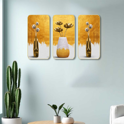 Aartify Golden Floral Vase 3 Panel MDF Wall Painting for Modern Home Decoration Digital Reprint 20 inch x 35 inch Painting(With Frame, Pack of 3)