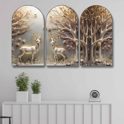 saf Deer in Forest Wall Art – Set of 3 Panel Nature-Inspired Wall Décor Digital Reprint 30 inch x 50 inch Painting(With Frame, Pack of 3)