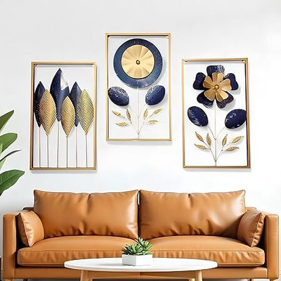 AbdulStore Living Room Multicolor Gold and Blue Flower Wall Art Set of 3 Pack of 3(10 inch X 3 inch, Multicolor)