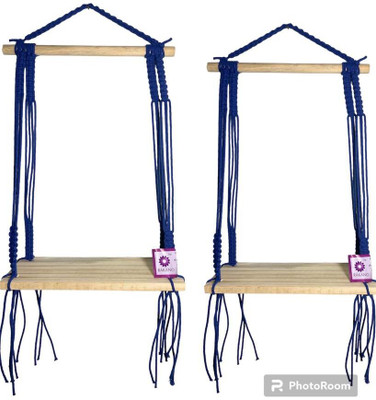 ZAWI Macrame Indoor Wall Hanging Shelf Chic Decor Wood Floating Boho Shelves Pack of 2(Blue)
