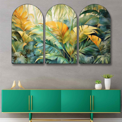 SAF PRINT Tropical Jungle Leaf Wall Decor – 3 Panel Botanical Artwork | Nature-Inspired Pack of 3(30 inch X 50 inch, Gold)