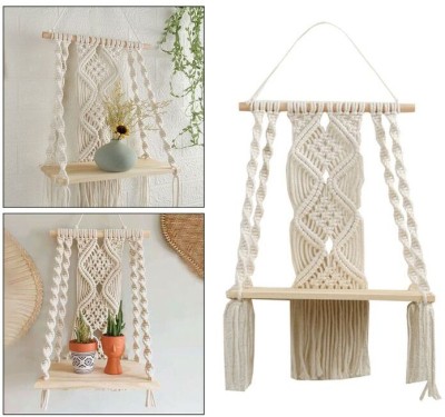 RAJDEEP COLLECTION Macrame Wall Hanging Shelf Tapestry Boho Wood Hanging. (MADE IN INDIA)(19 inch X 12 inch, OFF WHITE)