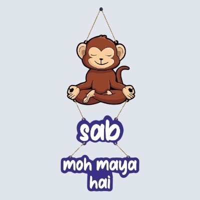Home Delight Sab Moh Maya Hai Funny- Monkey Wooden Wall Hanging Decoration Items Home Decor(26 inch X 11 inch, Brown, Blue)