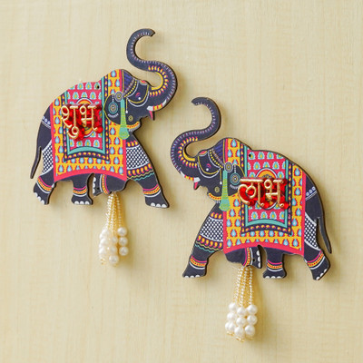 WEBELKART Premium Elephant Designer Set of 2 with Shubh Labh Wall Hanging for Diwali Pack of 2(4.13 inch X 5.31 inch, Multicolor)