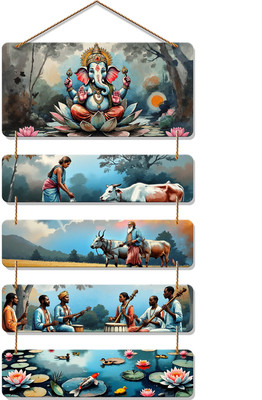 Artvibes Ganpati & Rural Village Wooden Wall Hanging Decoration Item for Home (WH_6731N)(31 inch X 12 inch, Grey)