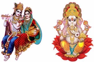 EJAart 70 cm Combo Set of 2 Wall Stickers Krishna Priya | Ganesh Ji with ladoo Self Adhesive Sticker(Pack of 2)