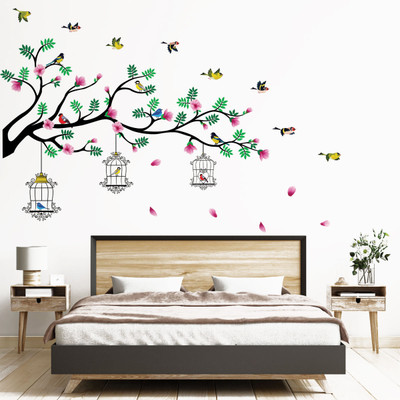 WALMORA 150 cm Tree Branch -Birds Cages - Flowers - Flying Birds - Wall sticker - WM 498 Self Adhesive Sticker(Pack of 1)