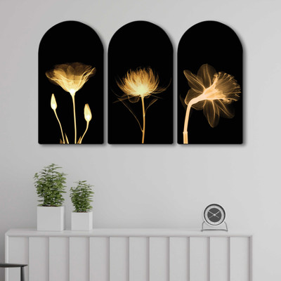 Aartify Golden Floral Abstract Wall Decor 3 Panel Set | Modern X-Ray Effect Flower Art Digital Reprint 50 inch x 30 inch Painting(With Frame, Pack of 3)