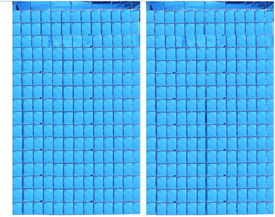 ANVRITI Two Blue Square fringe foil curtain Pack of 2(Blue)