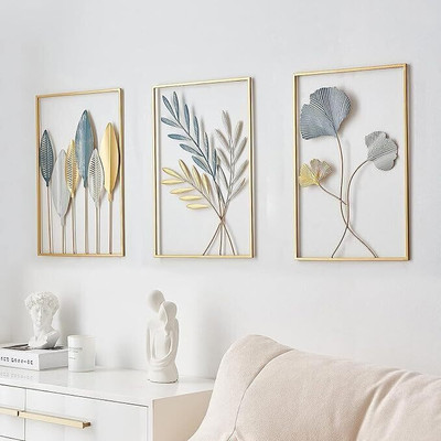 Mirza handicrafts Gold Leaf Wall Hanging Decoration Metal Wall Art Home Decor Pack of 3(Gold)
