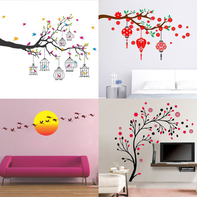 EJAart 45 cm Branches Flowers & BirdCages+magical tree+Red flower lantern+Sunrise Flying Bird Self Adhesive Sticker(Pack of 4) EJAart 45 cm Branches Flowers & BirdCages+magical tree+Red flower lantern+Sunrise Flying Bird Self Adhesive Sticker(Pack of 4)