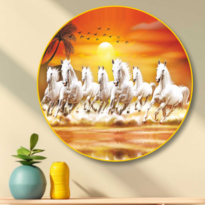 saf 7 Running Horses Crystal Embedded High Gloss Mirror Surface Golden Slim Frame Digital Reprint 23 inch x 23 inch Painting(With Frame)