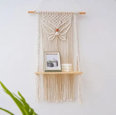Mpire Macramé Wall Hanging Shelf Butterfly Wood Floating Shelves Wooden Dowel Bohemian(60 cm X 30 cm, Beige)