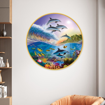 Aartify Dolphins & Ocean Underwater Round Wall Art | Marine Life Artwork & Golden Frame Digital Reprint 23 inch x 23 inch Painting(With Frame)