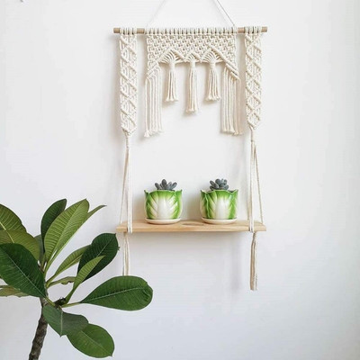 Aain Macrame Wall Shelf Hangers Cotton Rope Natural Pine Wood Modern Boho Decor(White)