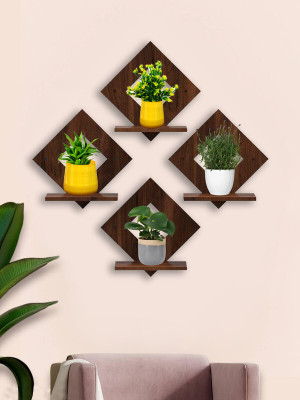 LCUPR Pot Stand Set of 4 Piece Decorative Wooden Wall Hanging for Home Decor Office Pack of 4(Brown)