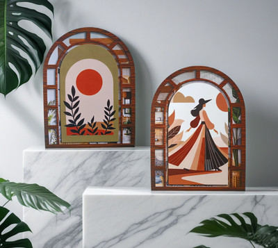 Tamvi Creations Shiva’s Jewels Elegant Sun & Lady Jharokha Arch Wall Art Set for Home Décor(11 inch X 8 inch, Multicolor)