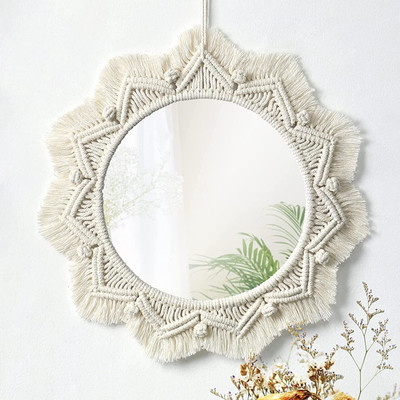 RAJDEEP COLLECTION Wall Mirror with Boho Fringes, Round Antique Mirror Frame Art(MADE IN INDIA).(40 cm X 40 cm, OFF WHITE)
