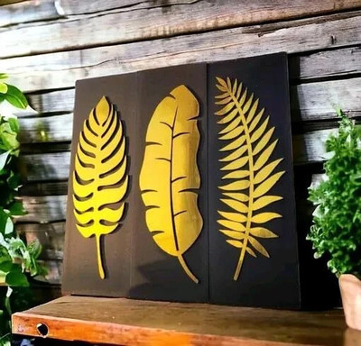 Echowood Set of 3 Golden Leaf with Black Frame Wall Decorative for Home(Gold)