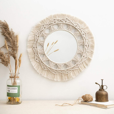 RAKANO Macrame Wall Mirror with Boho Fringe Round Decorative Mirror(MADE IN INDIA).(40 cm X 40 cm, OFF WHITE)
