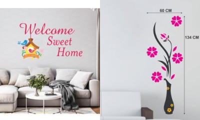 EJAart 70 cm Combo Set of 2 Wall Stickers |Welcome Sweet Home|Flower Vase Magenta Self Adhesive Sticker(Pack of 2)