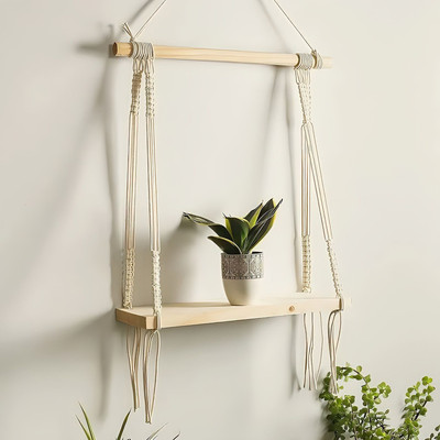 RAGHWANI Macrame Wall Hanging Shelf Wood Floating Boho Shelves with Wooden Dowel(White)