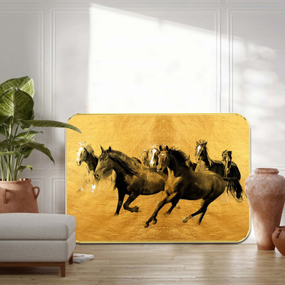 Aartify 7 Running Horses Golden Wall Decor Frame | Vastu-Inspired Art Digital Reprint 24 inch x 18 inch Painting(With Frame)