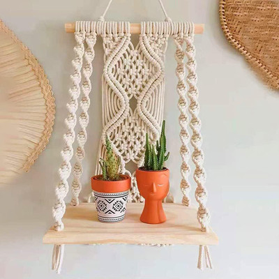 inshreys Handicraft Macrame Wall Hanging Shelf Macrame Cotton Floating Boho Plant Hanger(White)