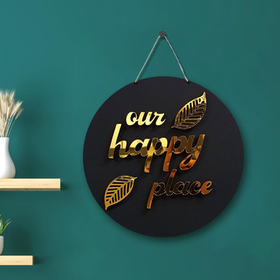 BNX Black & Gold-Toned Our Happy Place Wall Sign for Home Decoration, Round MDF(10 inch X 13 inch, Black, Gold)